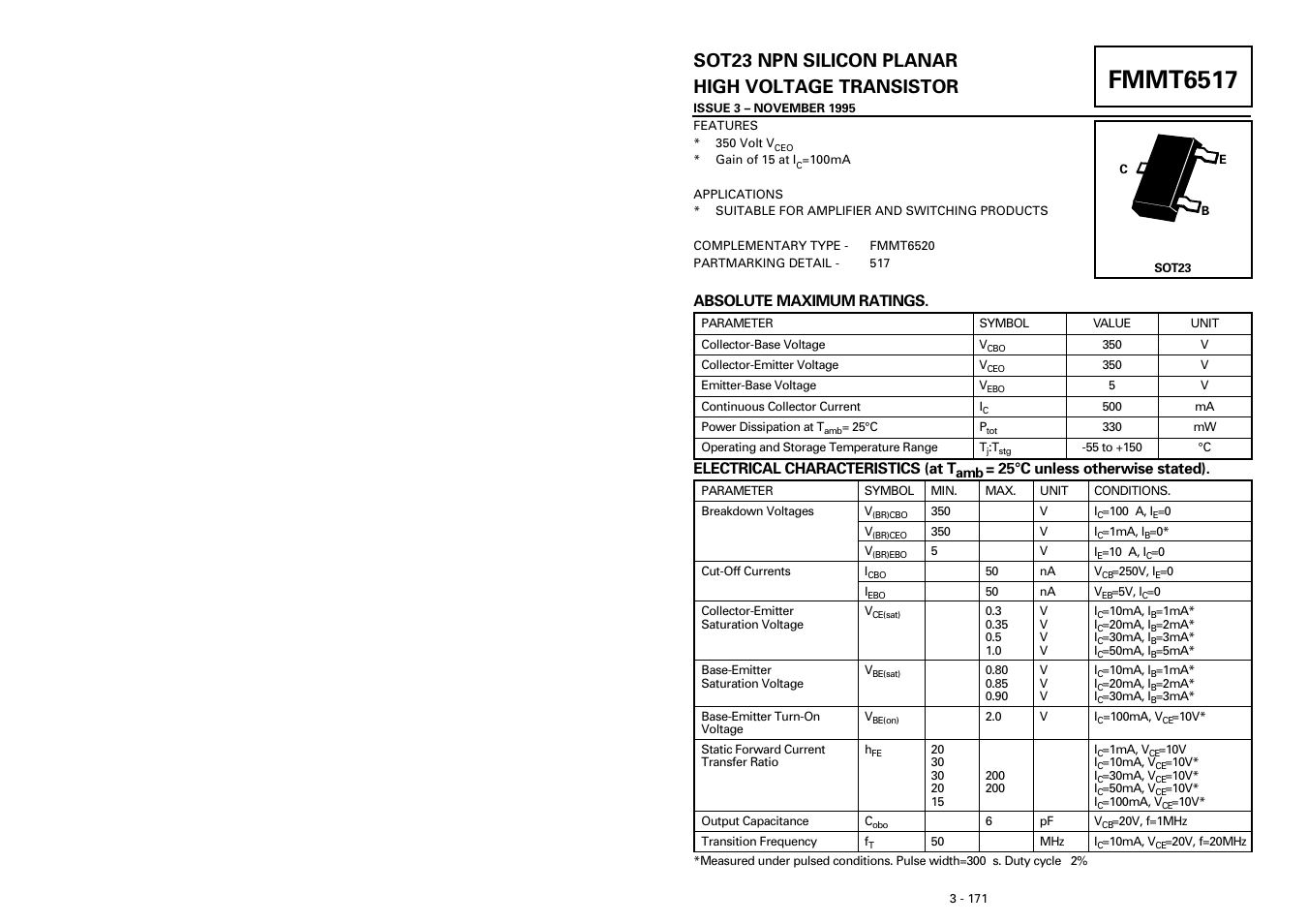 Diodes FMMT6517 User Manual | 1 page