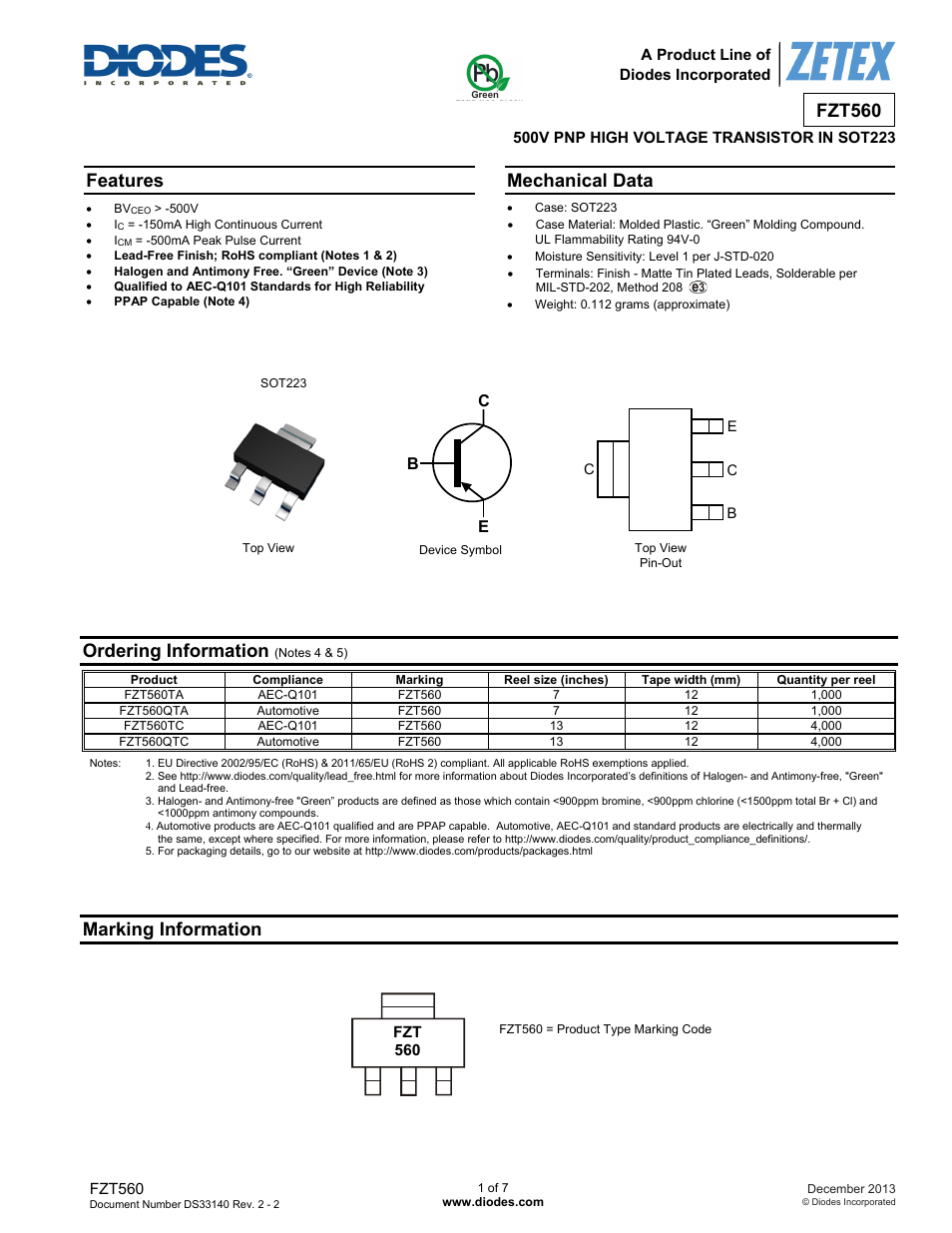 Diodes FZT560 User Manual | 7 pages