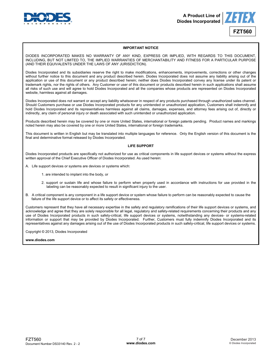 Fzt560 | Diodes FZT560 User Manual | Page 7 / 7