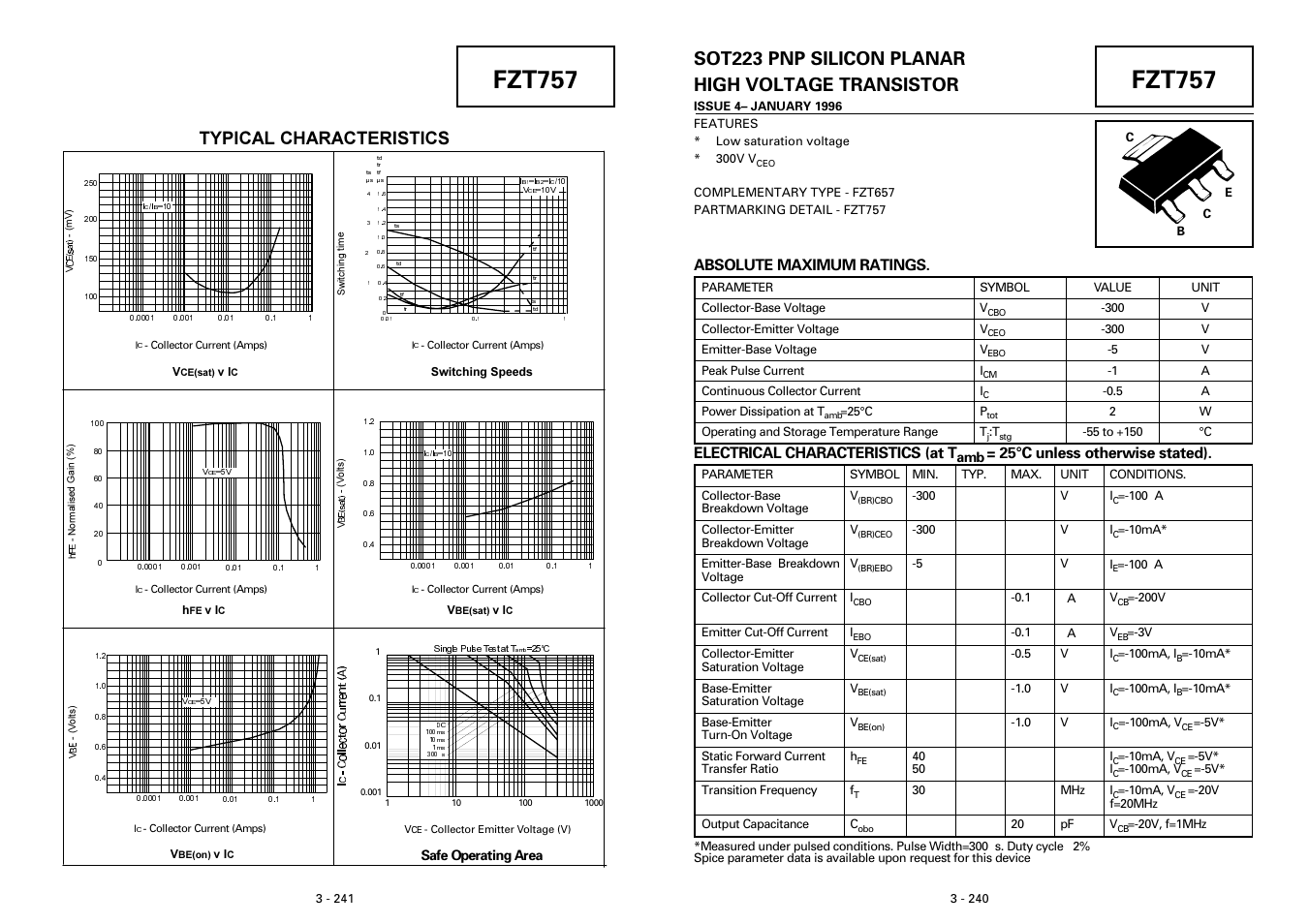 Fzt757, Sot223 pnp silicon planar high voltage transistor, Typical characteristics | Absolute maximum ratings, Electrical characteristics (at t, 25°c unless otherwise stated) | Diodes FZT757 User Manual | Page 2 / 2