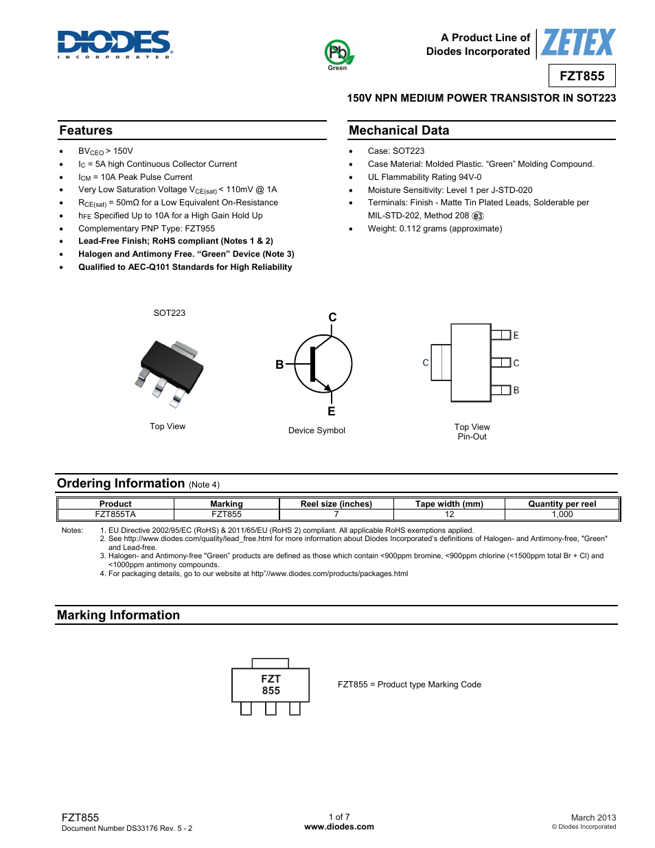 Diodes FZT855 User Manual | 7 pages