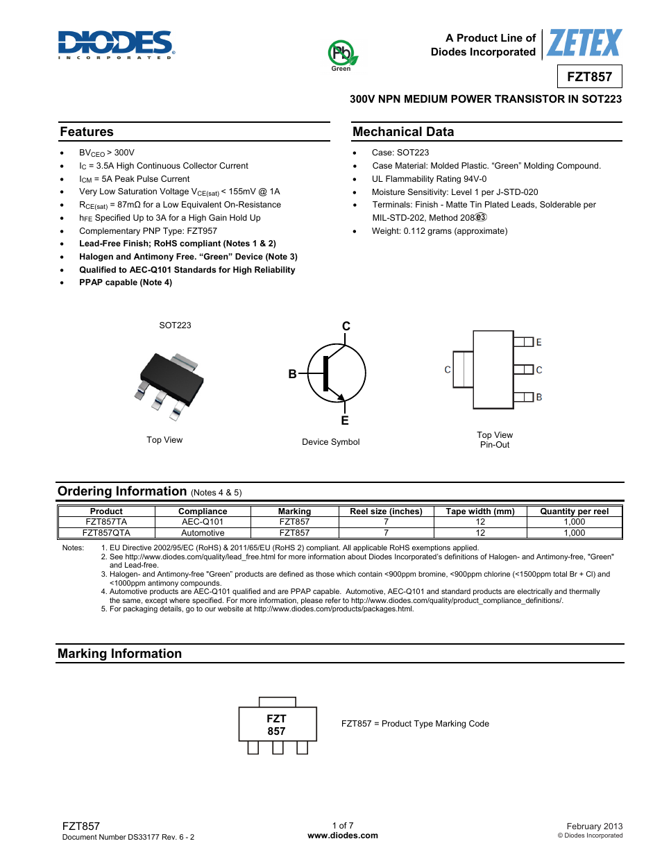 Diodes FZT857 User Manual | 7 pages