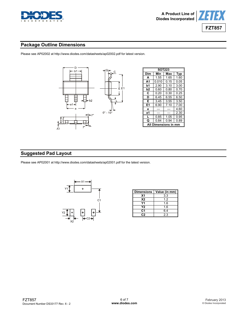 Fzt857, Package outline dimensions, Suggested pad layout | Diodes FZT857 User Manual | Page 6 / 7