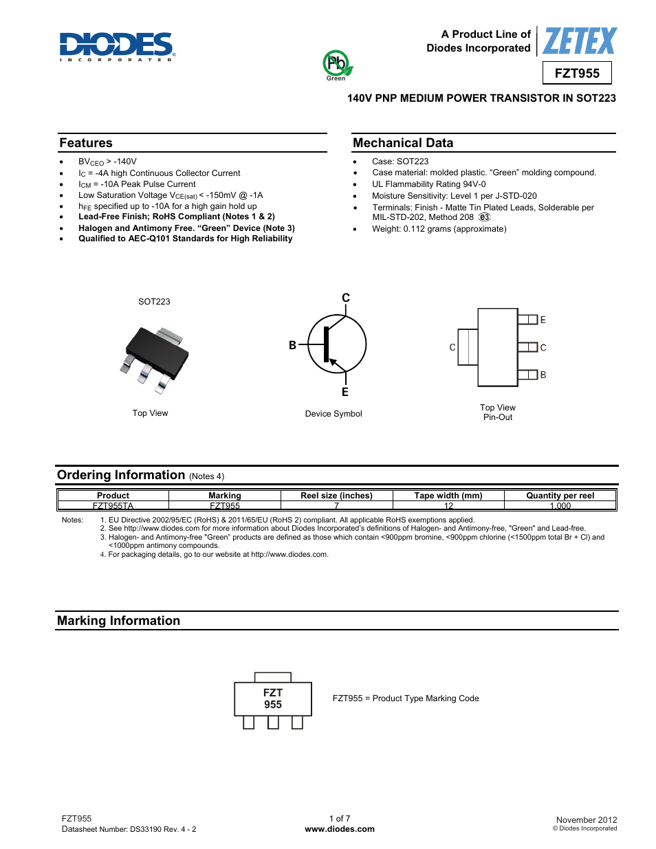 Diodes FZT955 User Manual | 7 pages