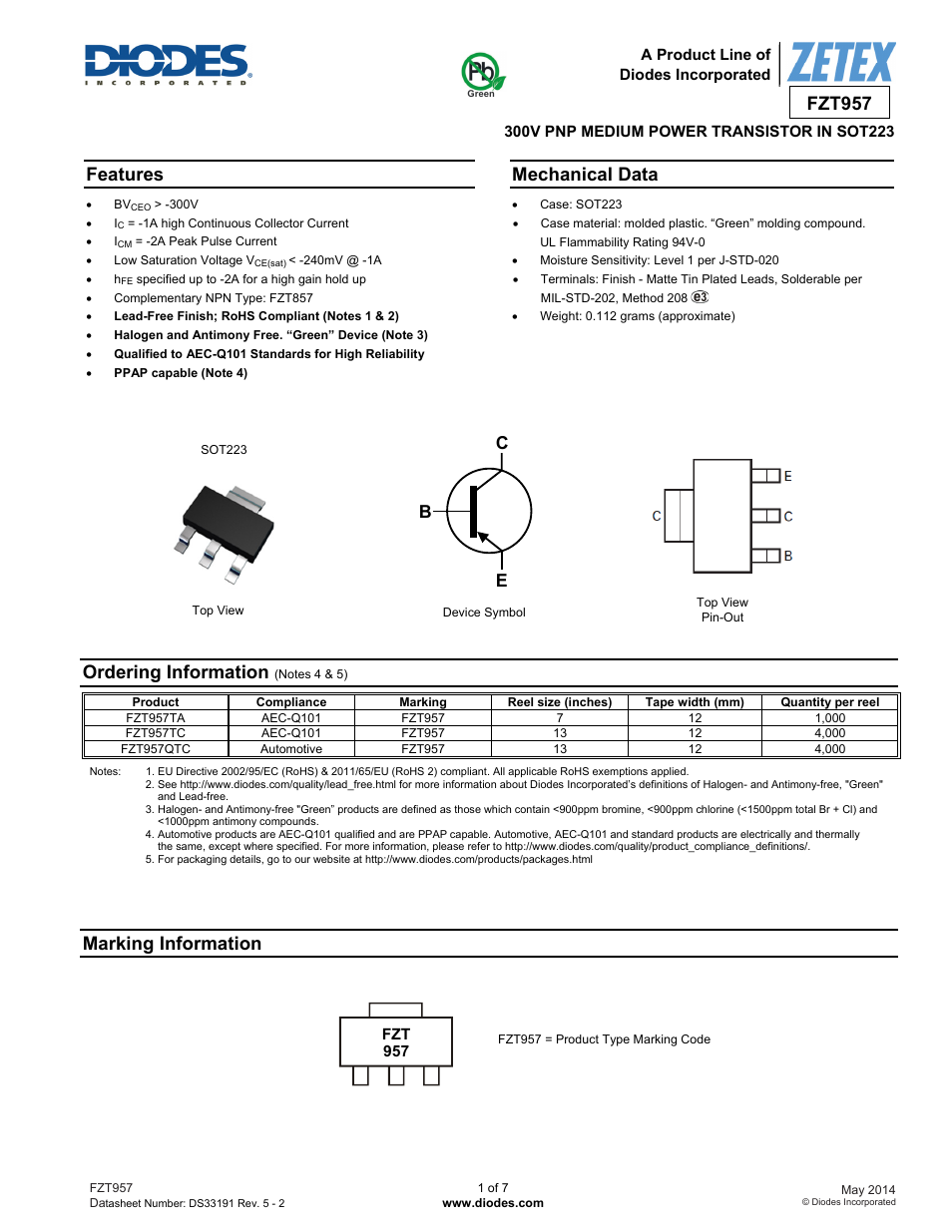 Diodes FZT957 User Manual | 7 pages
