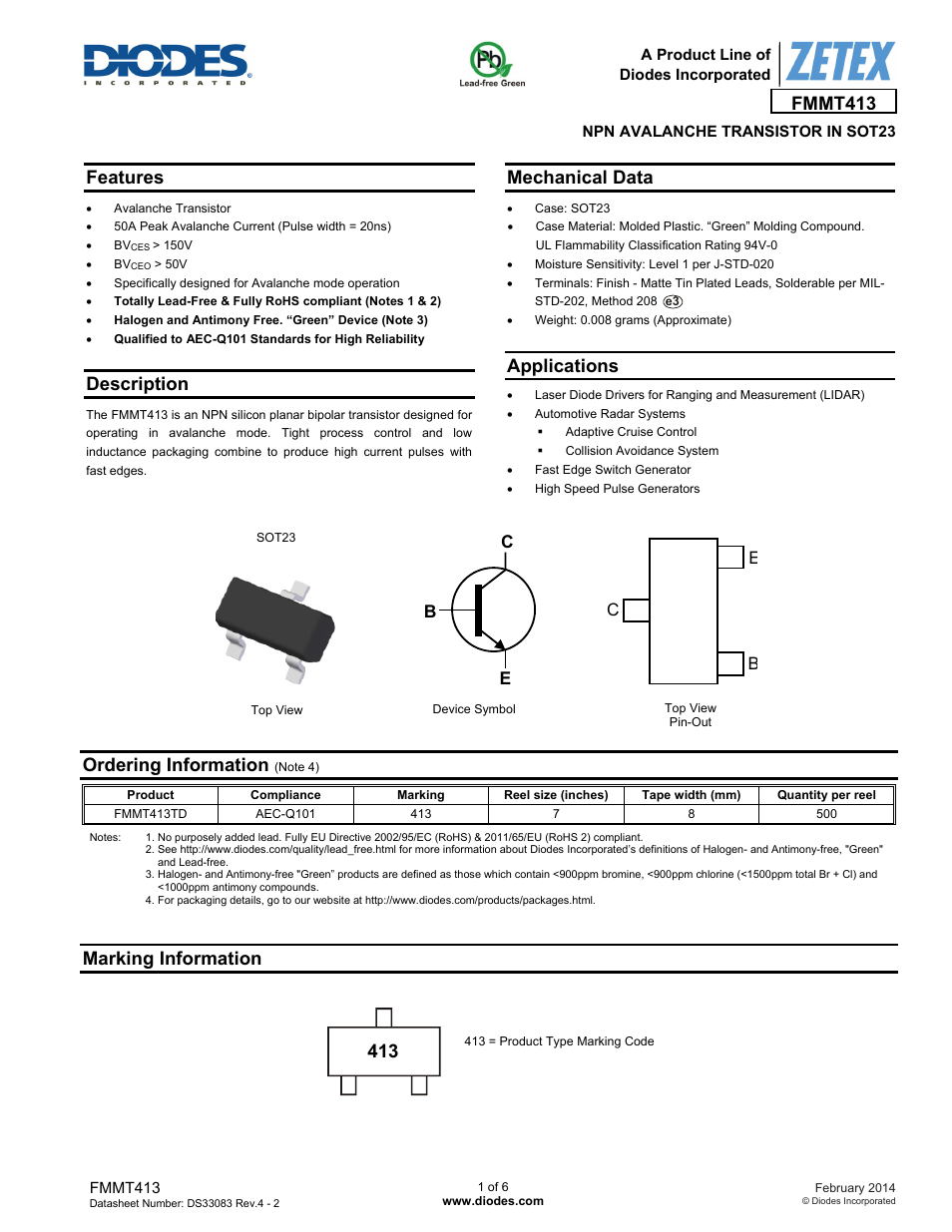 Diodes FMMT413 User Manual | 6 pages