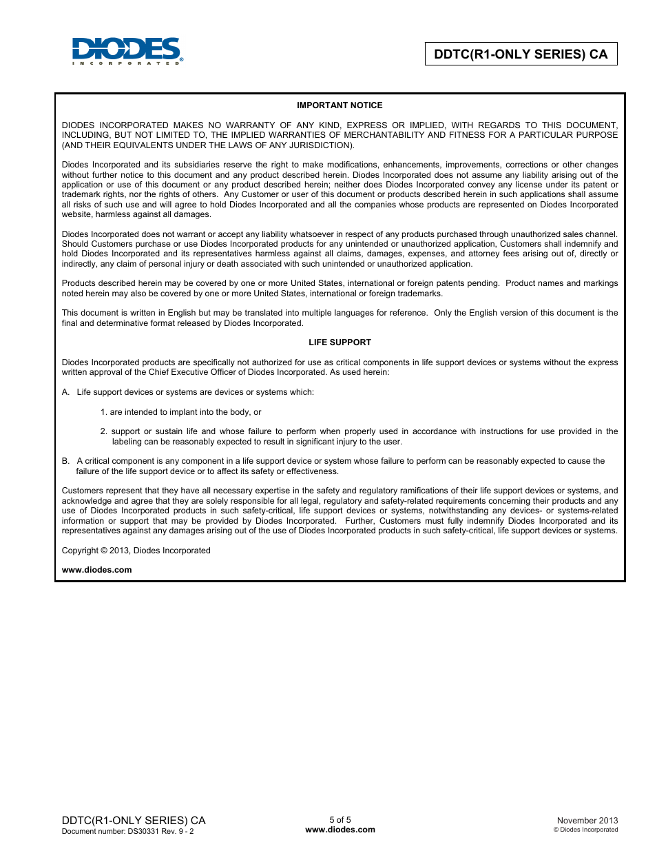 Ddtc(r1-only series) ca | Diodes DDTC (R1-ONLY SERIES) CA User Manual | Page 5 / 5