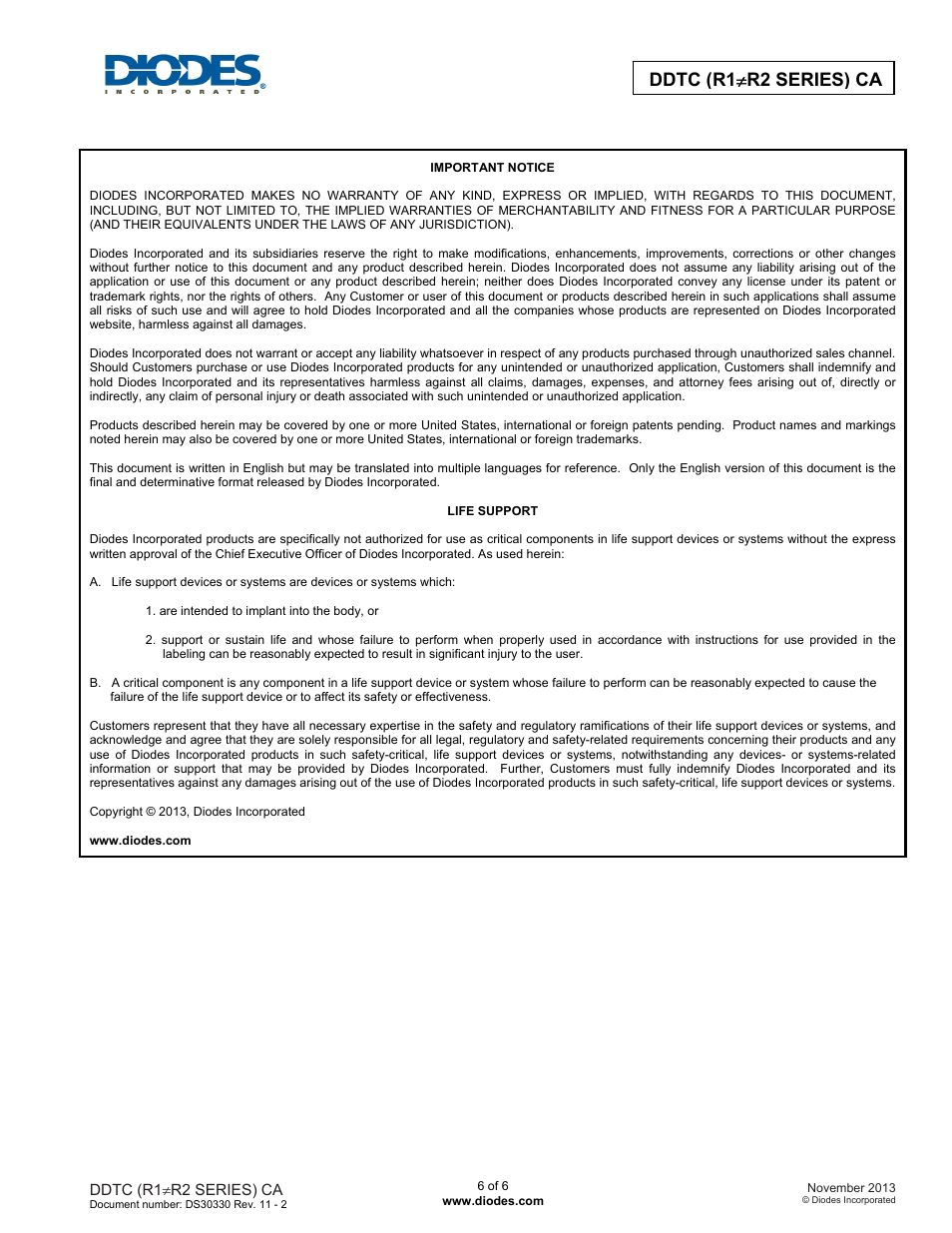 Ddtc (r1  r2 series) ca | Diodes DDTC (R1≠R2 SERIES) CA User Manual | Page 6 / 6