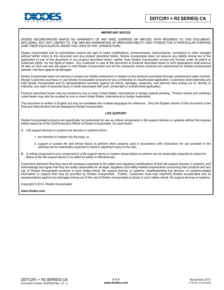 Ddtc(r1 = r2 series) ca | Diodes DDTC(R1 = R2 SERIES) CA User Manual | Page 5 / 5