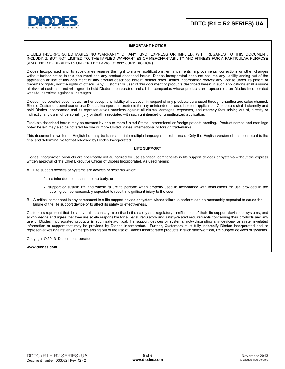 Ddtc (r1 = r2 series) ua | Diodes DDTC (R1 = R2 SERIES) UA User Manual | Page 5 / 5