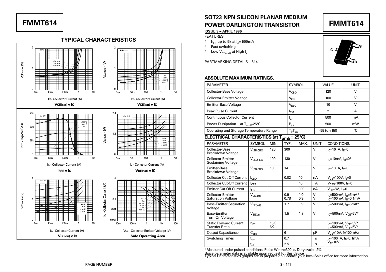 Fmmt614, Typical characteristics, Absolute maximum ratings | Electrical characteristics (at t, 25°c) | Diodes FMMT614 User Manual | Page 2 / 2