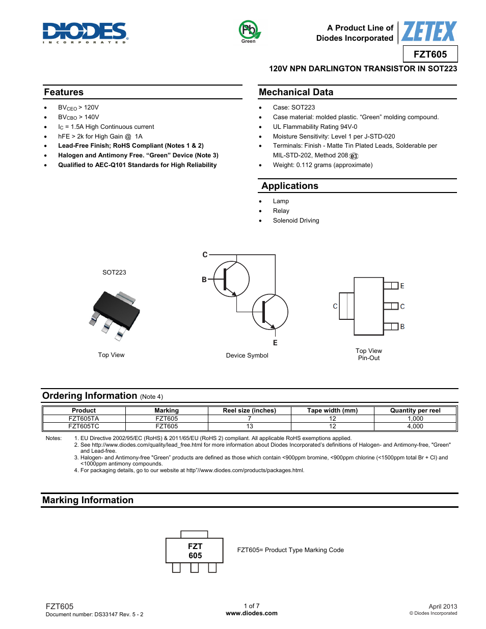 Diodes FZT605 User Manual | 7 pages