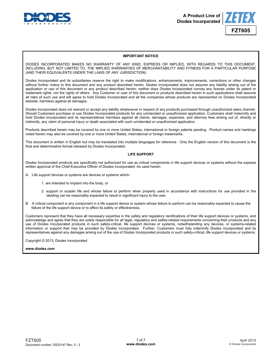 Fzt605 | Diodes FZT605 User Manual | Page 7 / 7