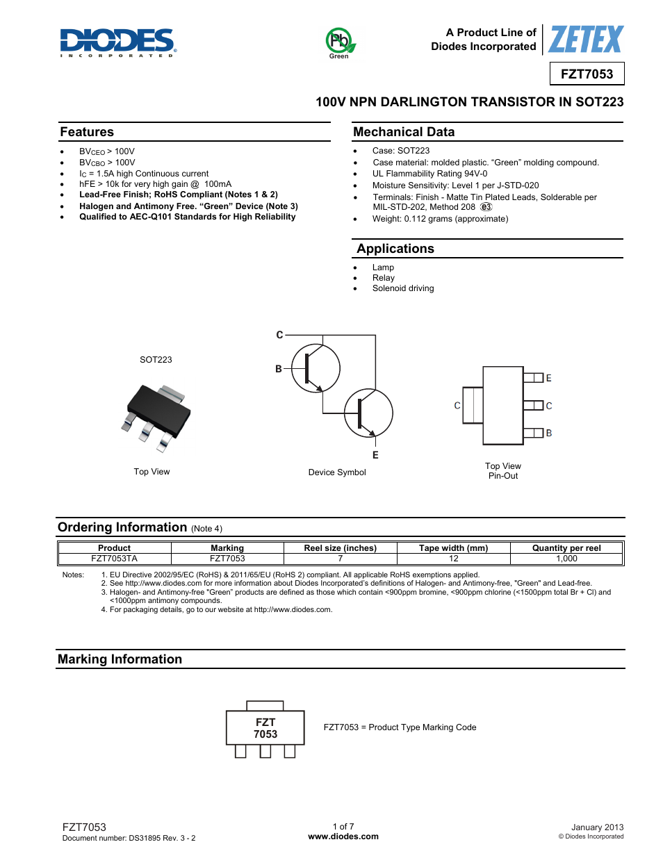 Diodes FZT7053 User Manual | 7 pages