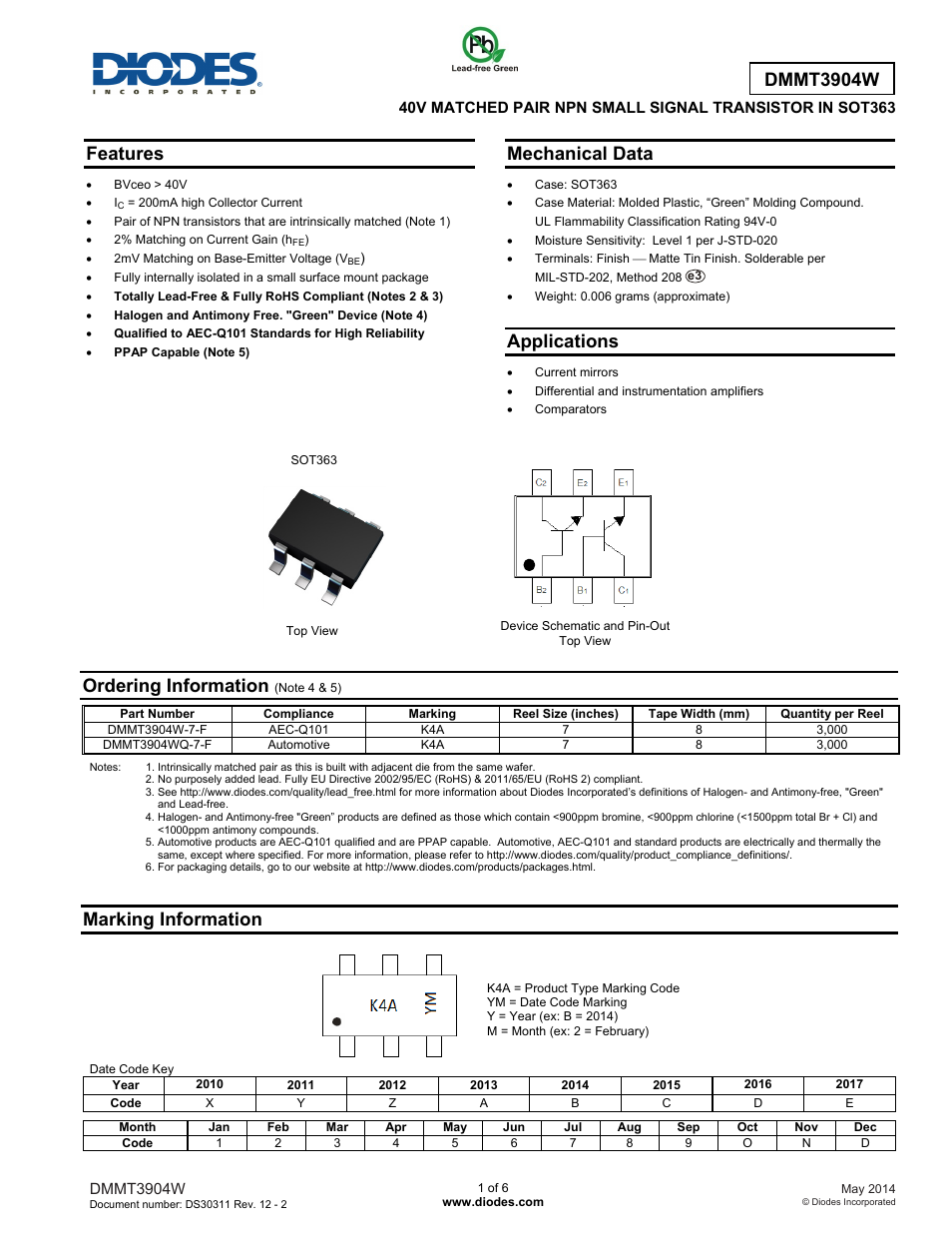 Diodes DMMT3904W User Manual | 6 pages