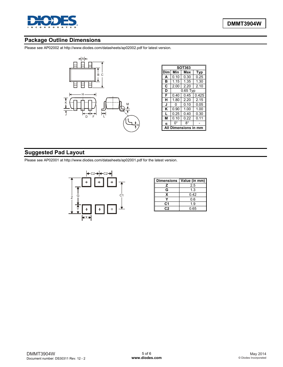 Dmmt3904w, Package outline dimensions, Suggested pad layout | Diodes DMMT3904W User Manual | Page 5 / 6
