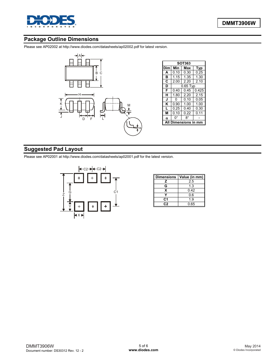 Dmmt3906w, Package outline dimensions, Suggested pad layout | Diodes DMMT3906W User Manual | Page 5 / 6