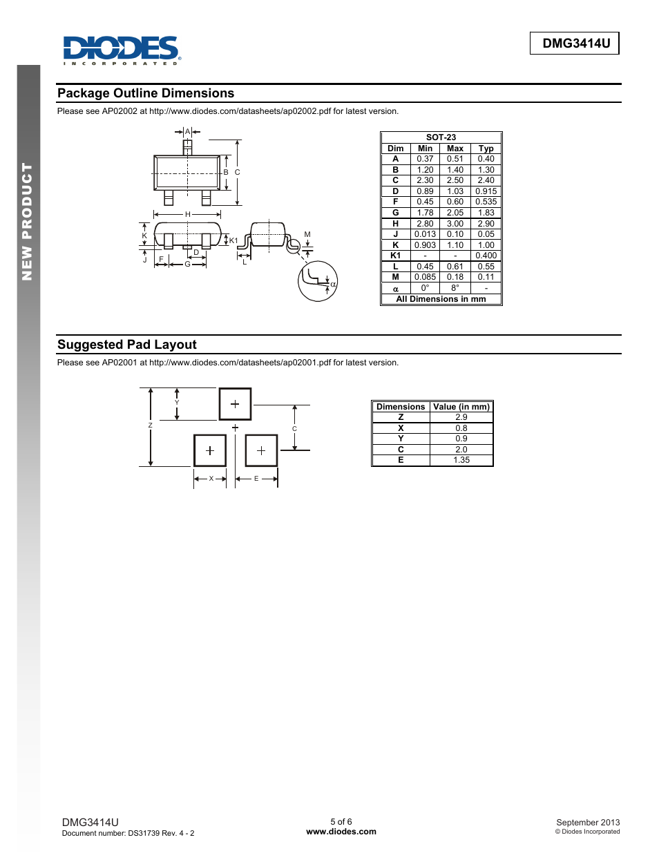 Dmg3414u new prod uc t, Package outline dimensions, Suggested pad layout | Diodes DMG3414U User Manual | Page 5 / 6