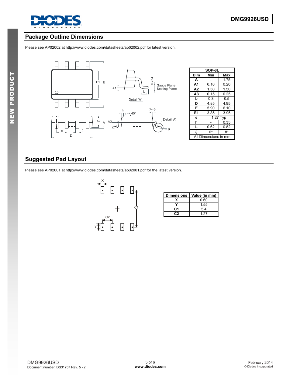 Dmg9926usd new prod uc t, Package outline dimensions, Suggested pad layout | Diodes DMG9926USD User Manual | Page 5 / 6