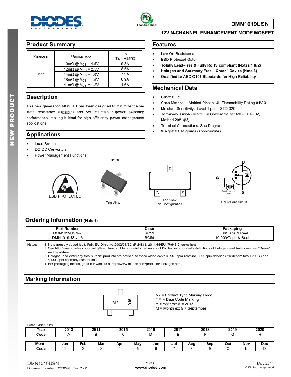 Diodes DMN1019USN User Manual | 6 pages