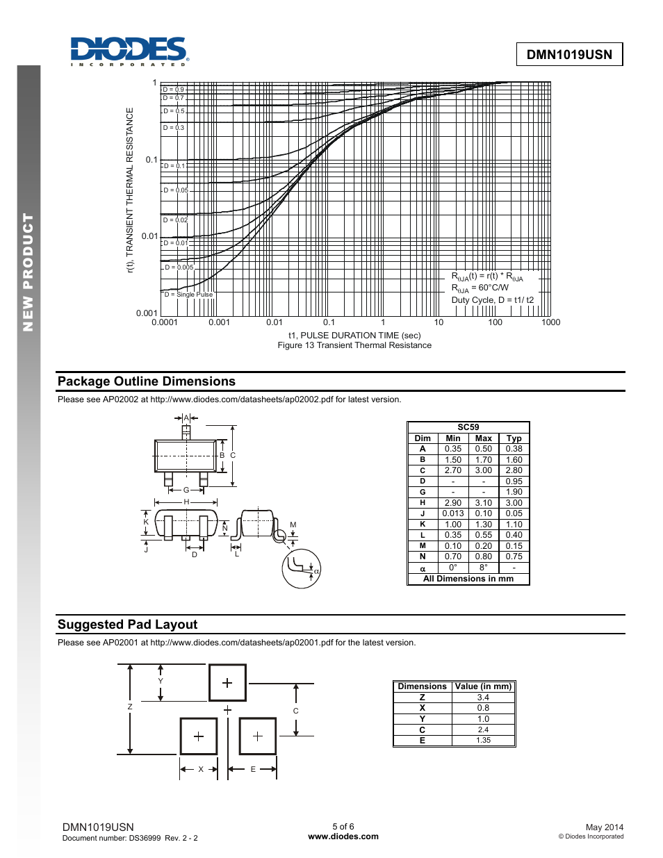 Dmn1019usn new prod uc t, Package outline dimensions, Suggested pad layout | Diodes DMN1019USN User Manual | Page 5 / 6