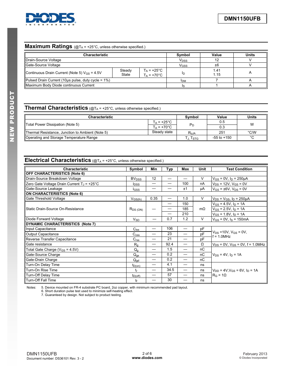 Maximum ratings, Thermal characteristics, Electrical characteristics | Diodes DMN1150UFB User Manual | Page 2 / 6