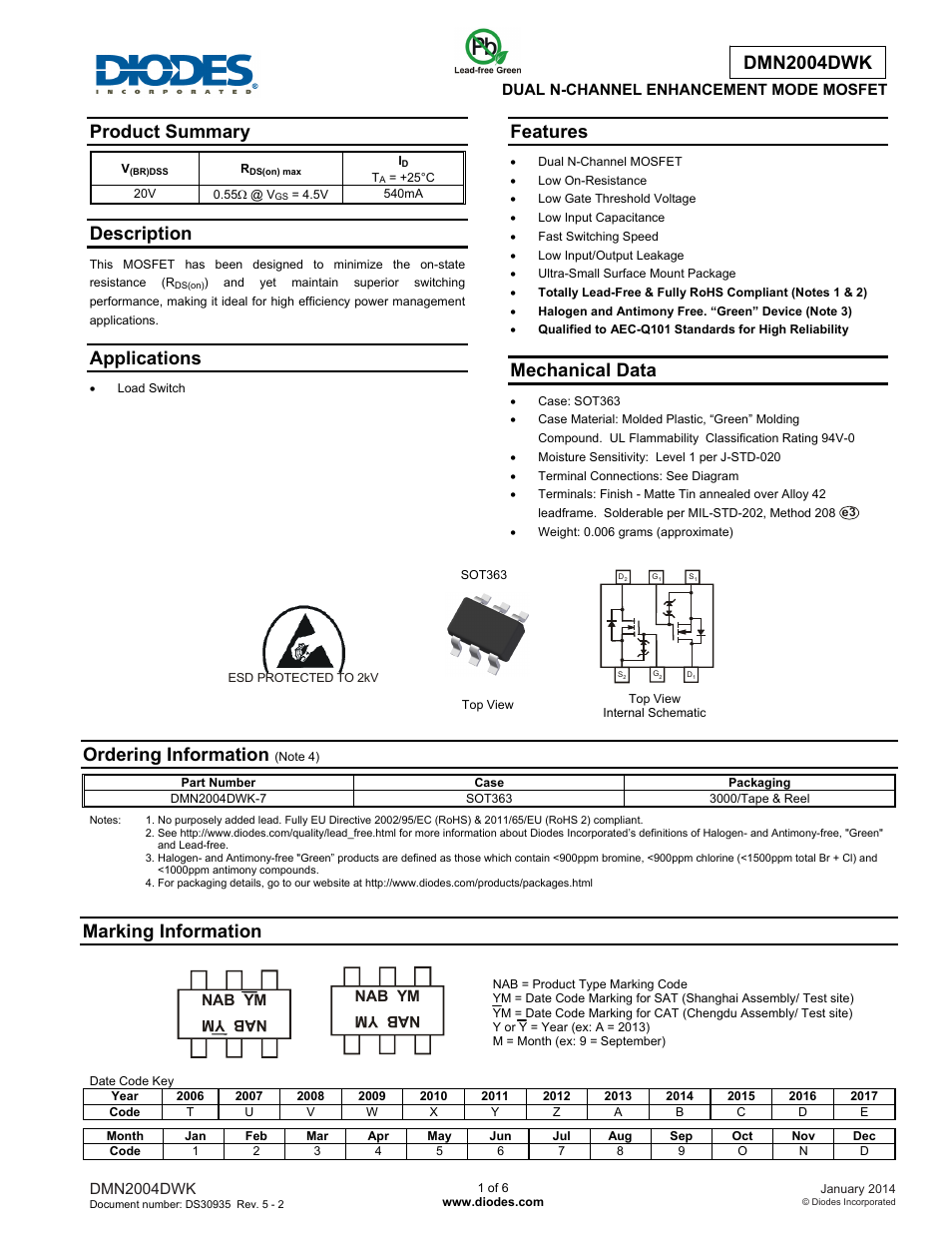 Diodes DMN2004DWK User Manual | 6 pages