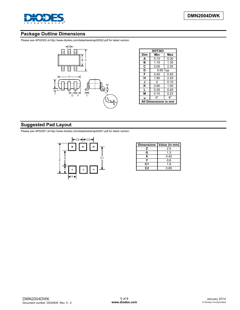 Dmn2004dwk new prod uc t, Package outline dimensions, Suggested pad layout | Diodes DMN2004DWK User Manual | Page 5 / 6