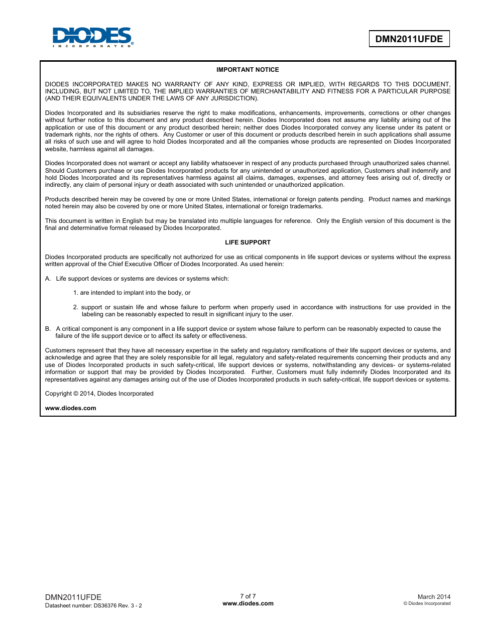 Diodes DMN2011UFDE User Manual | Page 7 / 7