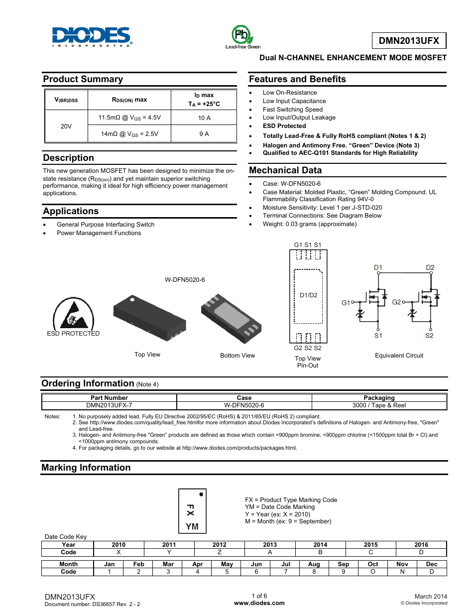 Diodes DMN2013UFX User Manual | 6 pages