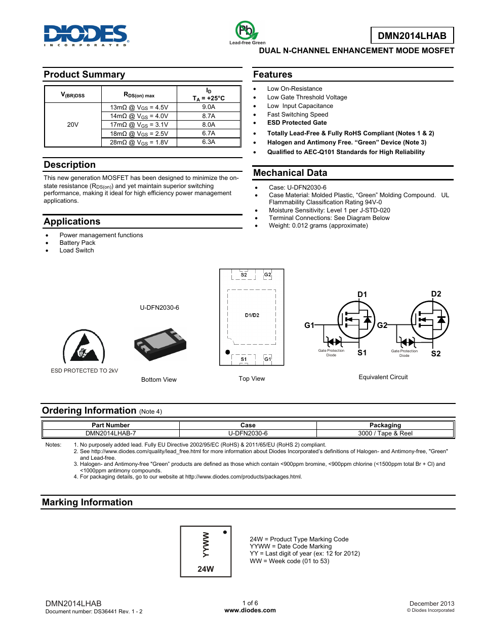 Diodes DMN2014LHAB User Manual | 6 pages