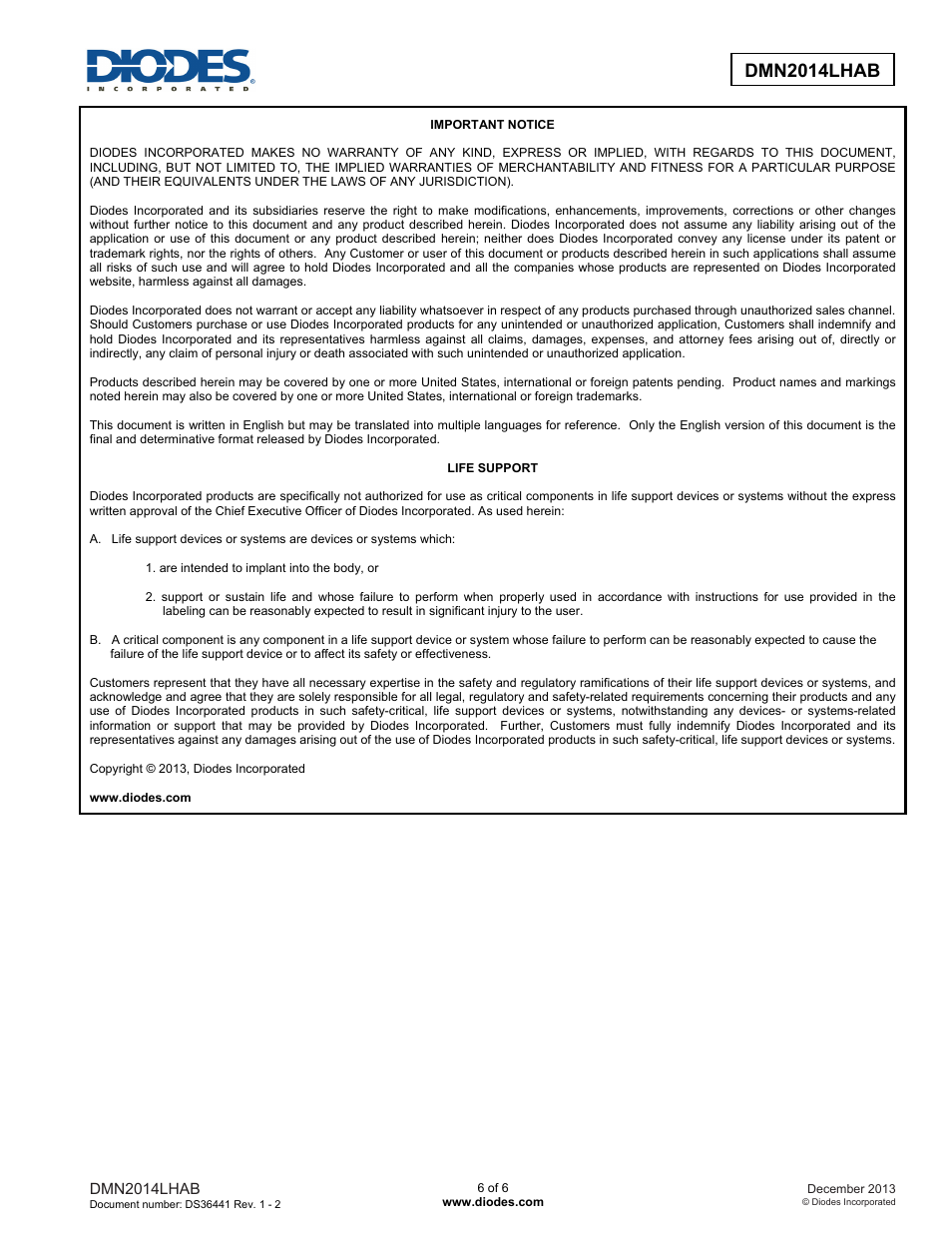 Diodes DMN2014LHAB User Manual | Page 6 / 6