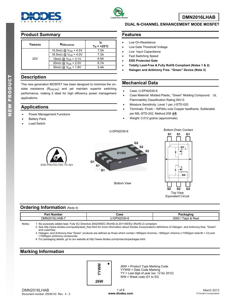 Diodes DMN2016LHAB User Manual | 6 pages