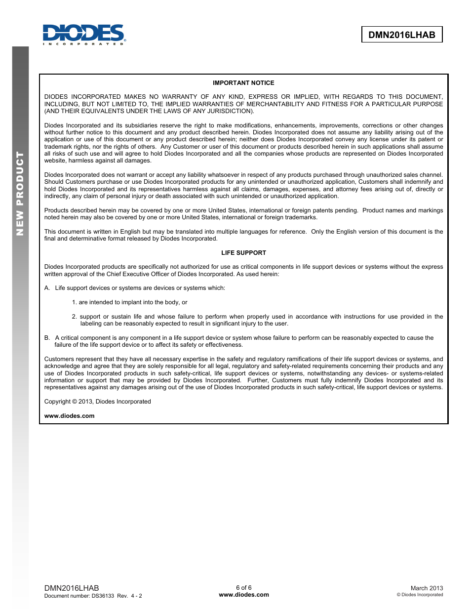 Diodes DMN2016LHAB User Manual | Page 6 / 6