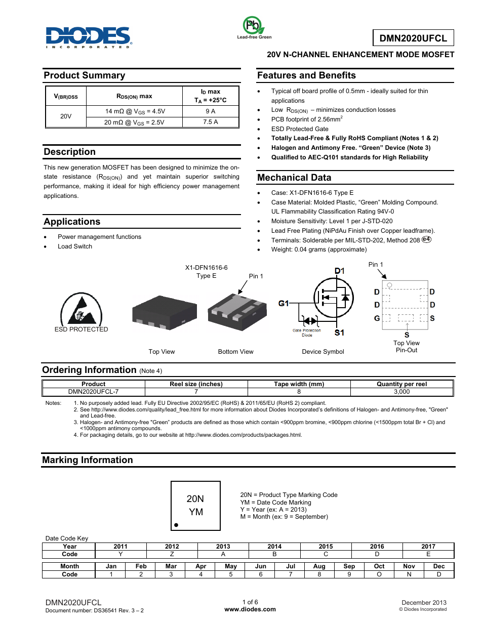 Diodes DMN2020UFCL User Manual | 6 pages