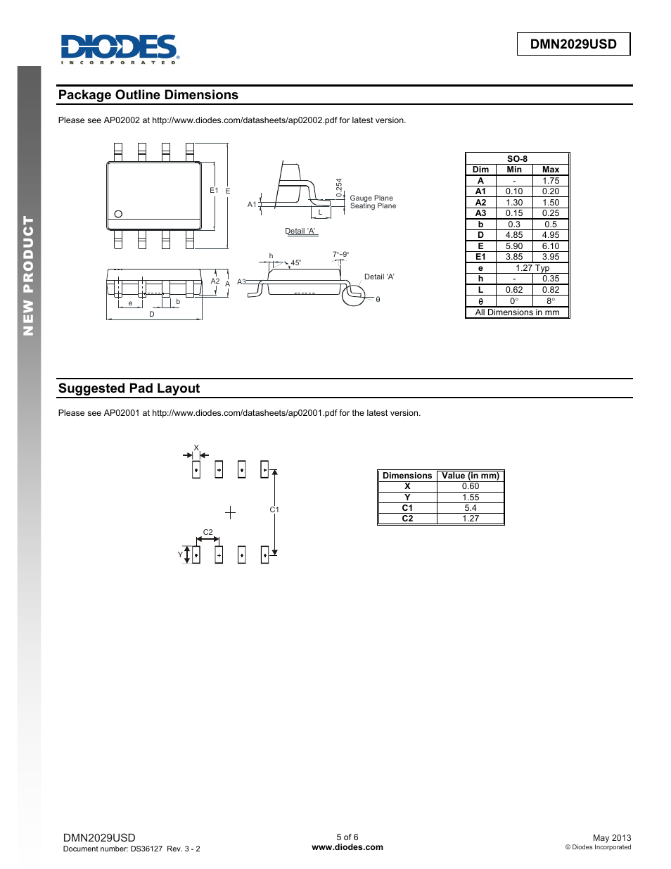 Package outline dimensions, Suggested pad layout | Diodes DMN2029USD User Manual | Page 5 / 6