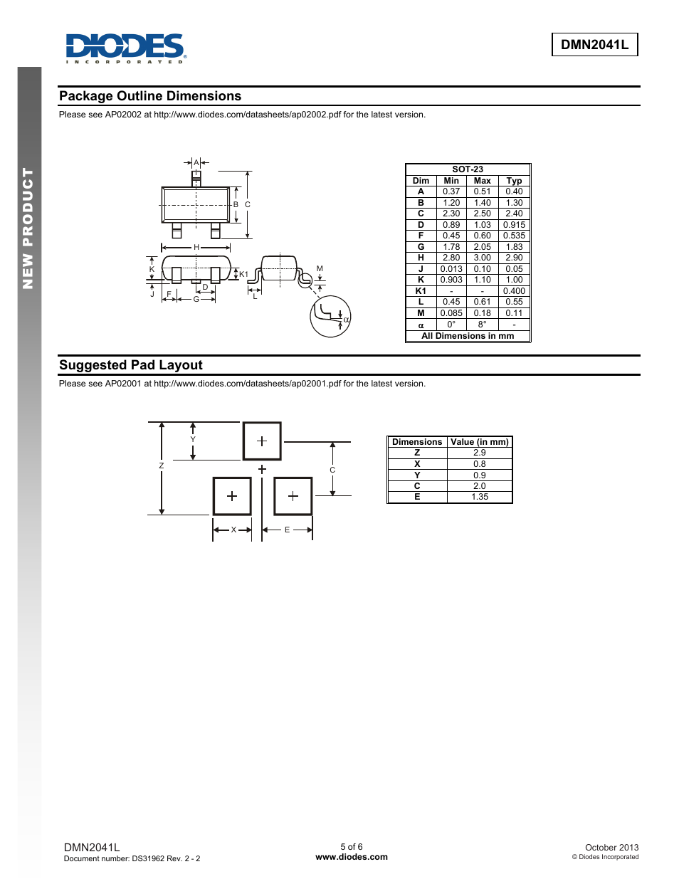 Dmn2041l new prod uc t, Package outline dimensions, Suggested pad layout | Diodes DMN2041L User Manual | Page 5 / 6