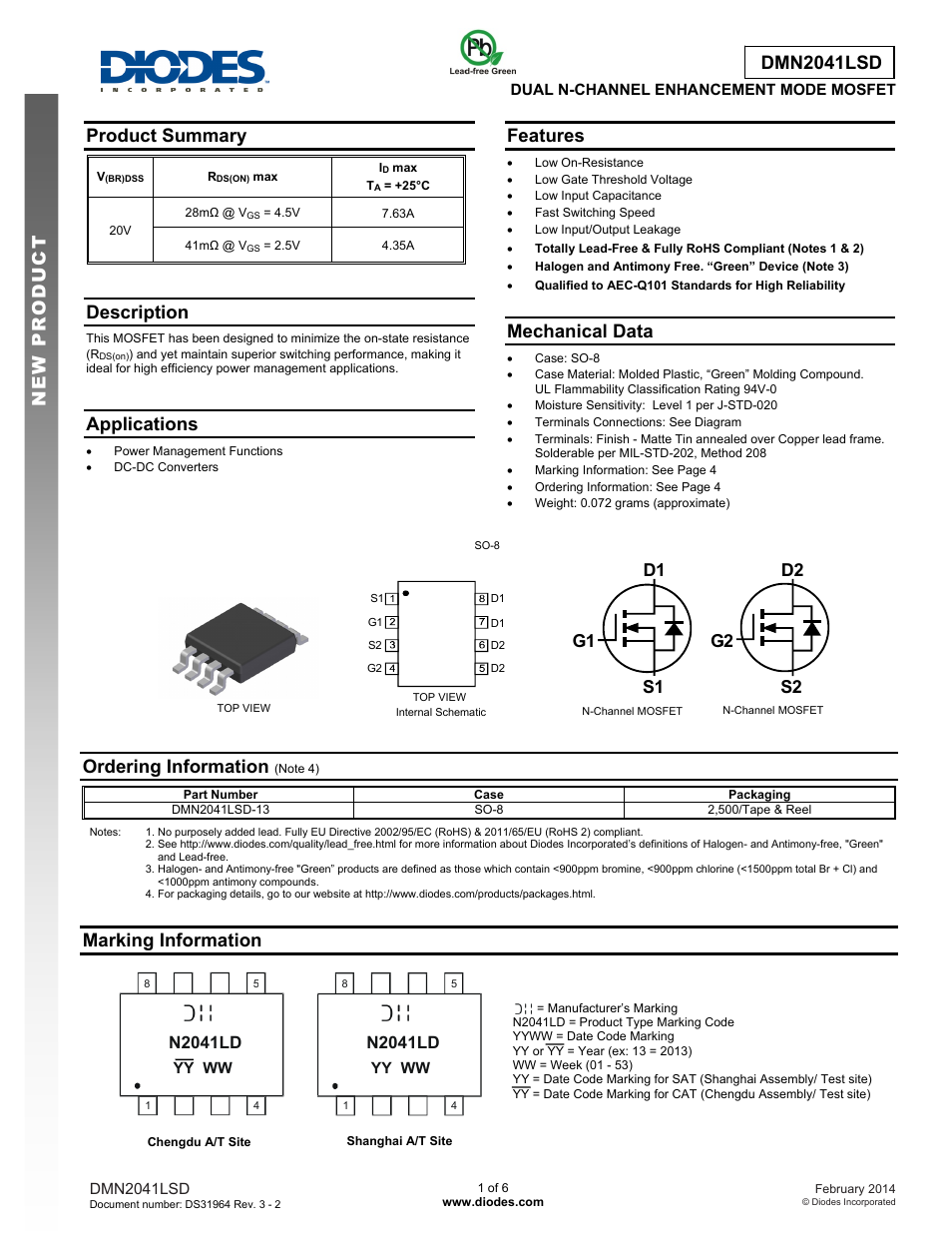 Diodes DMN2041LSD User Manual | 6 pages
