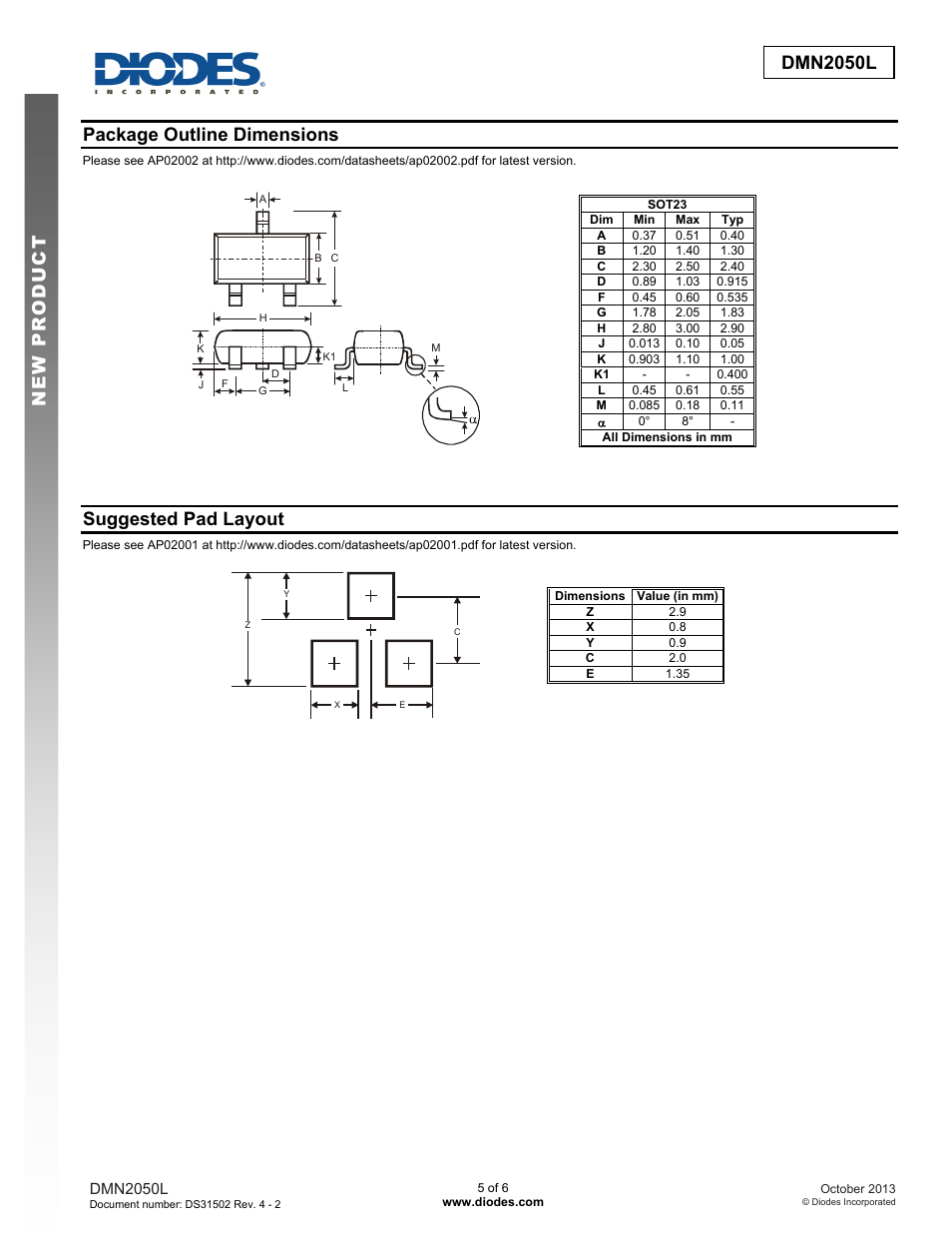 Dmn2050l new prod uc t, Package outline dimensions, Suggested pad layout | Diodes DMN2050L User Manual | Page 5 / 6