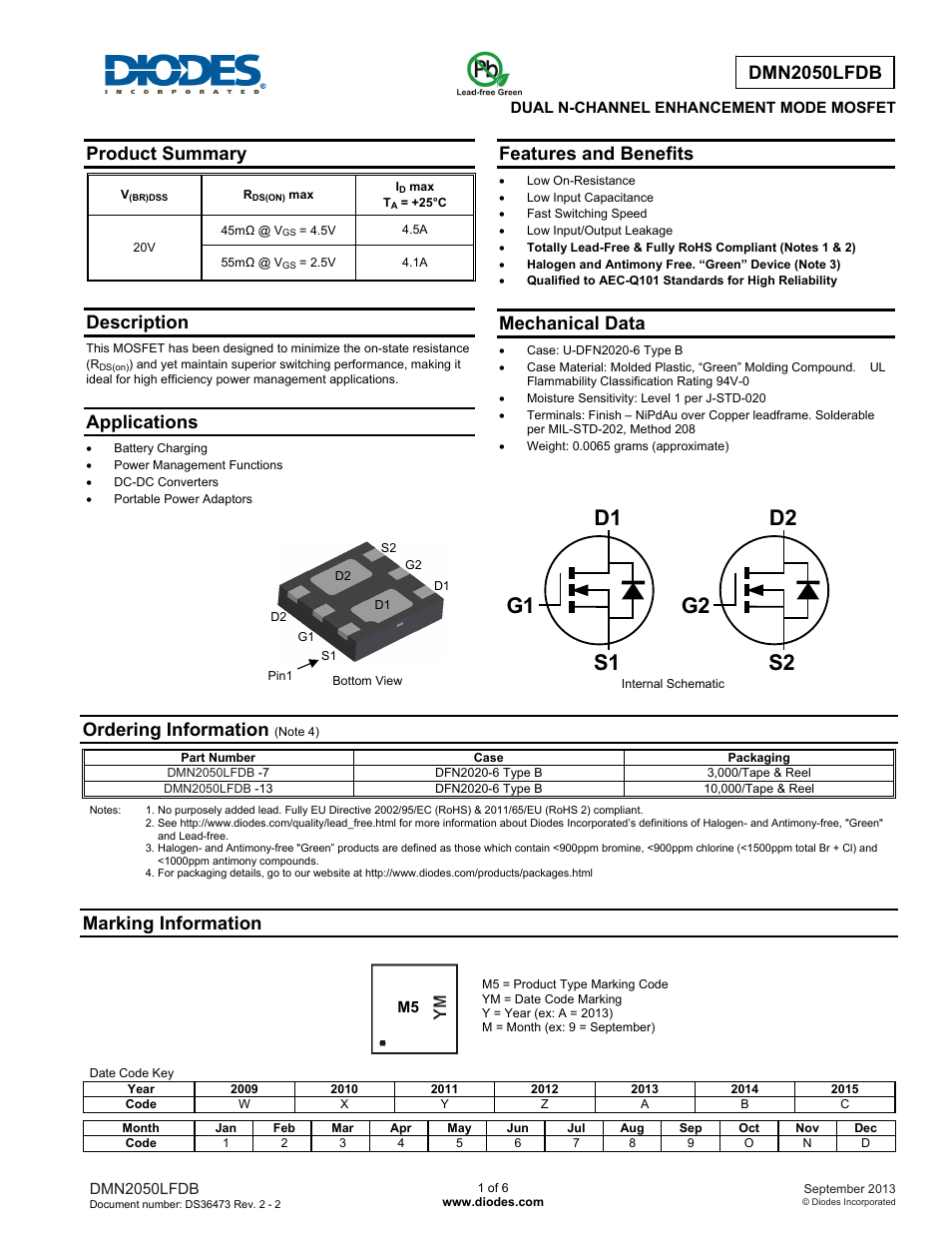 Diodes DMN2050LFDB User Manual | 6 pages