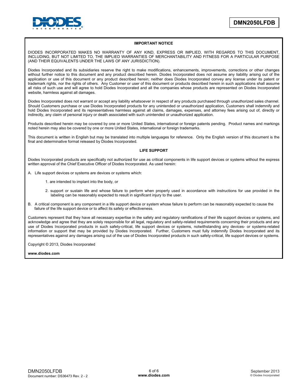 Dmn2050lfdb | Diodes DMN2050LFDB User Manual | Page 6 / 6