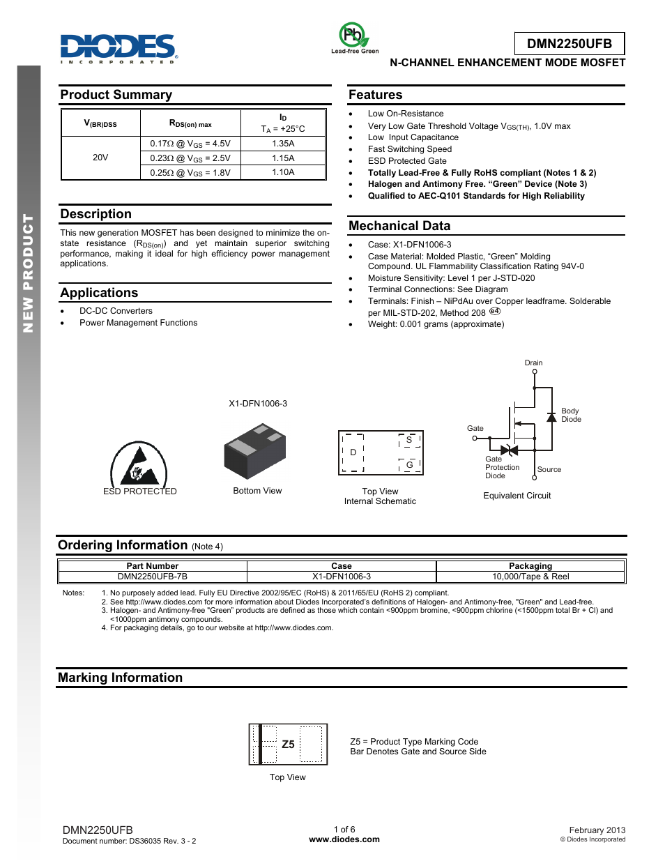 Diodes DMN2250UFB User Manual | 6 pages