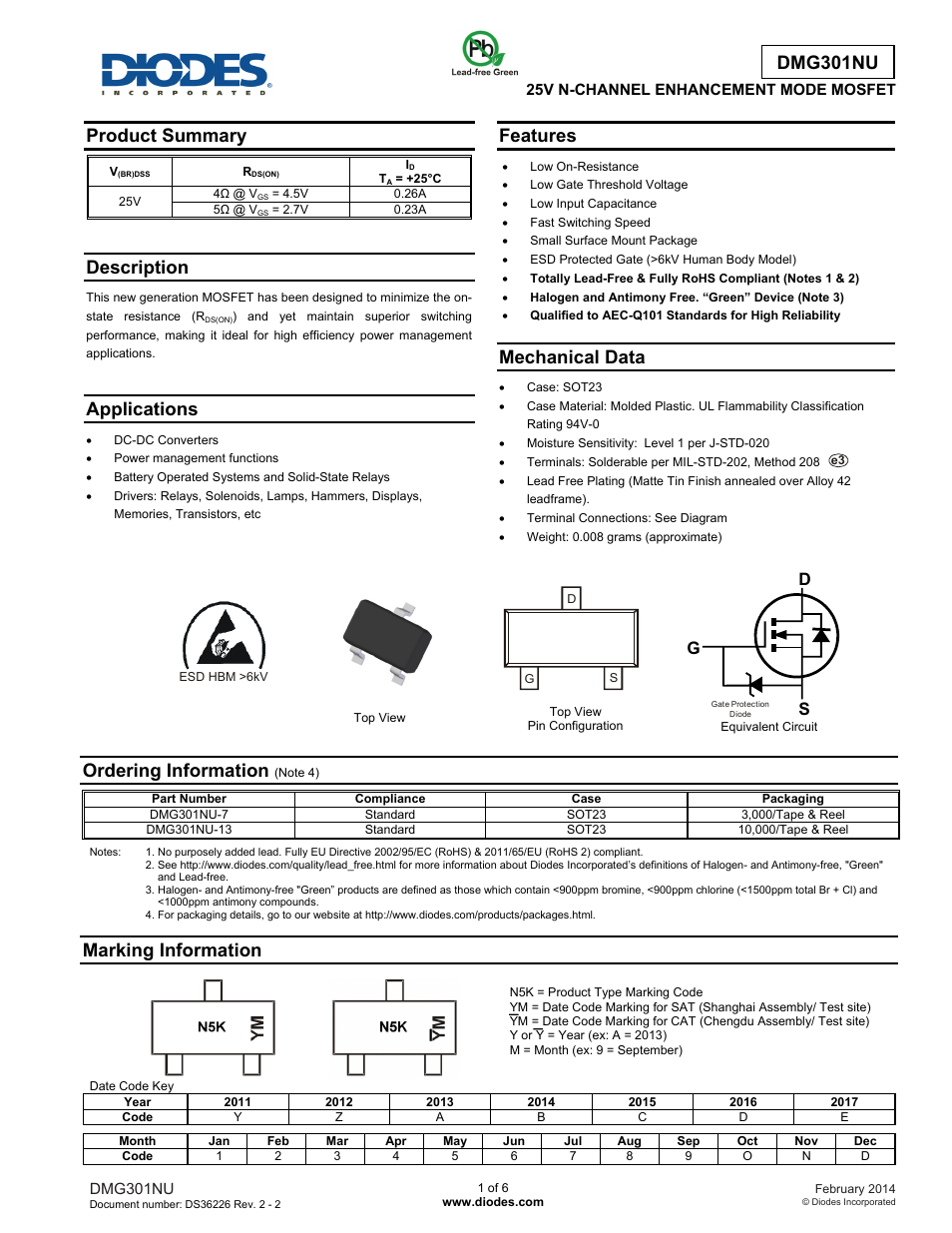 Diodes DMG301NU User Manual | 6 pages