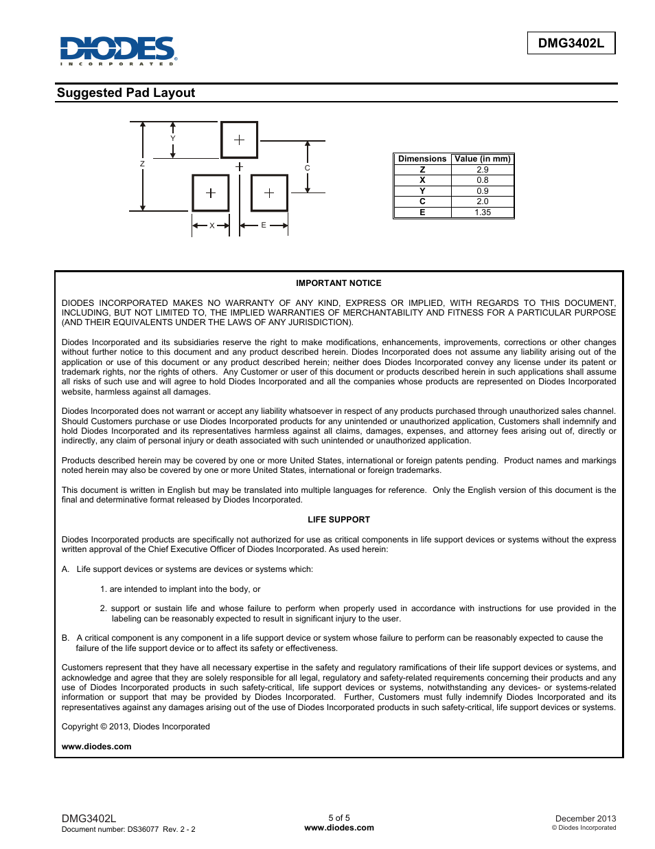 Dmg3402l, Suggested pad layout | Diodes DMG3402L User Manual | Page 5 / 5
