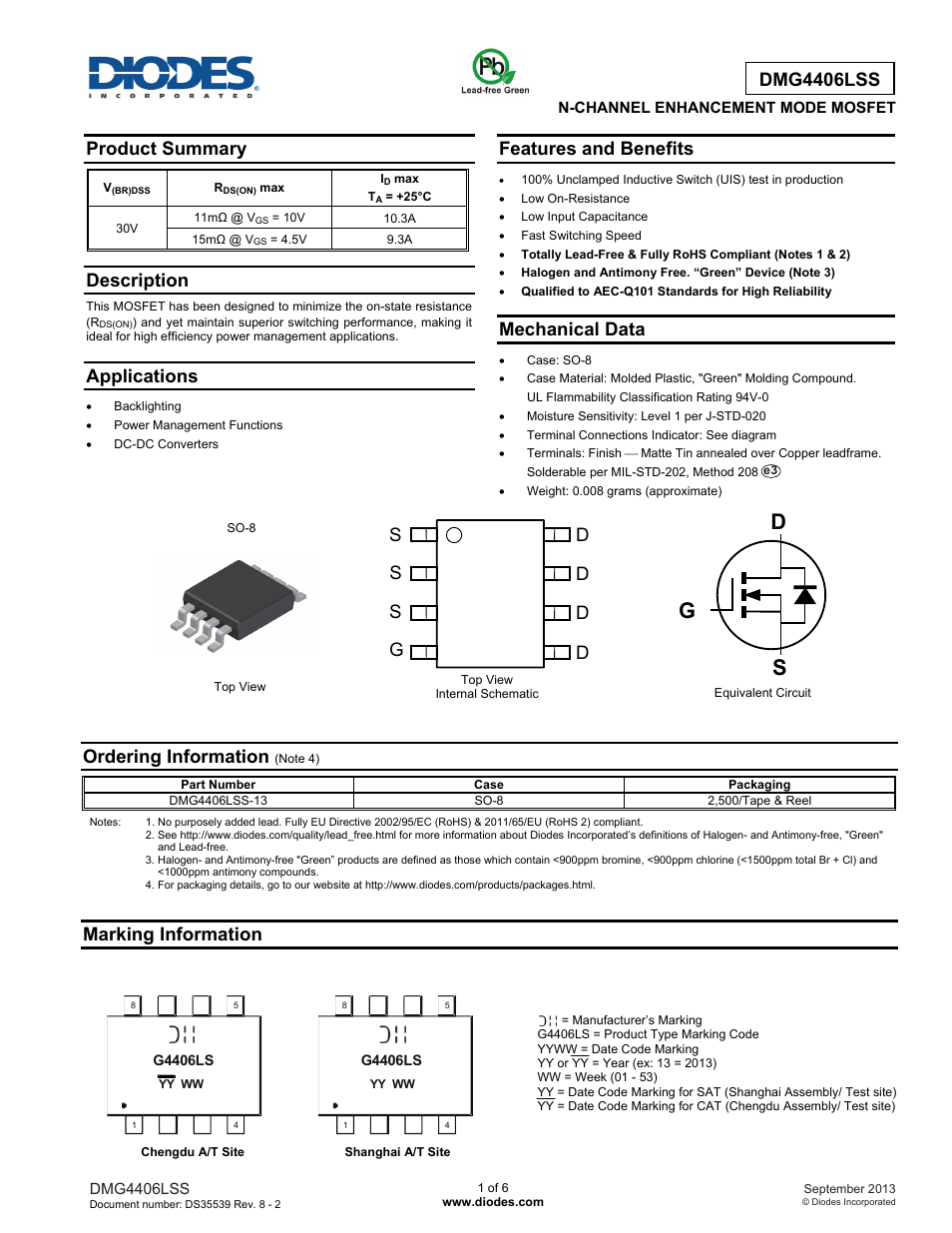 Diodes DMG4406LSS User Manual | 6 pages