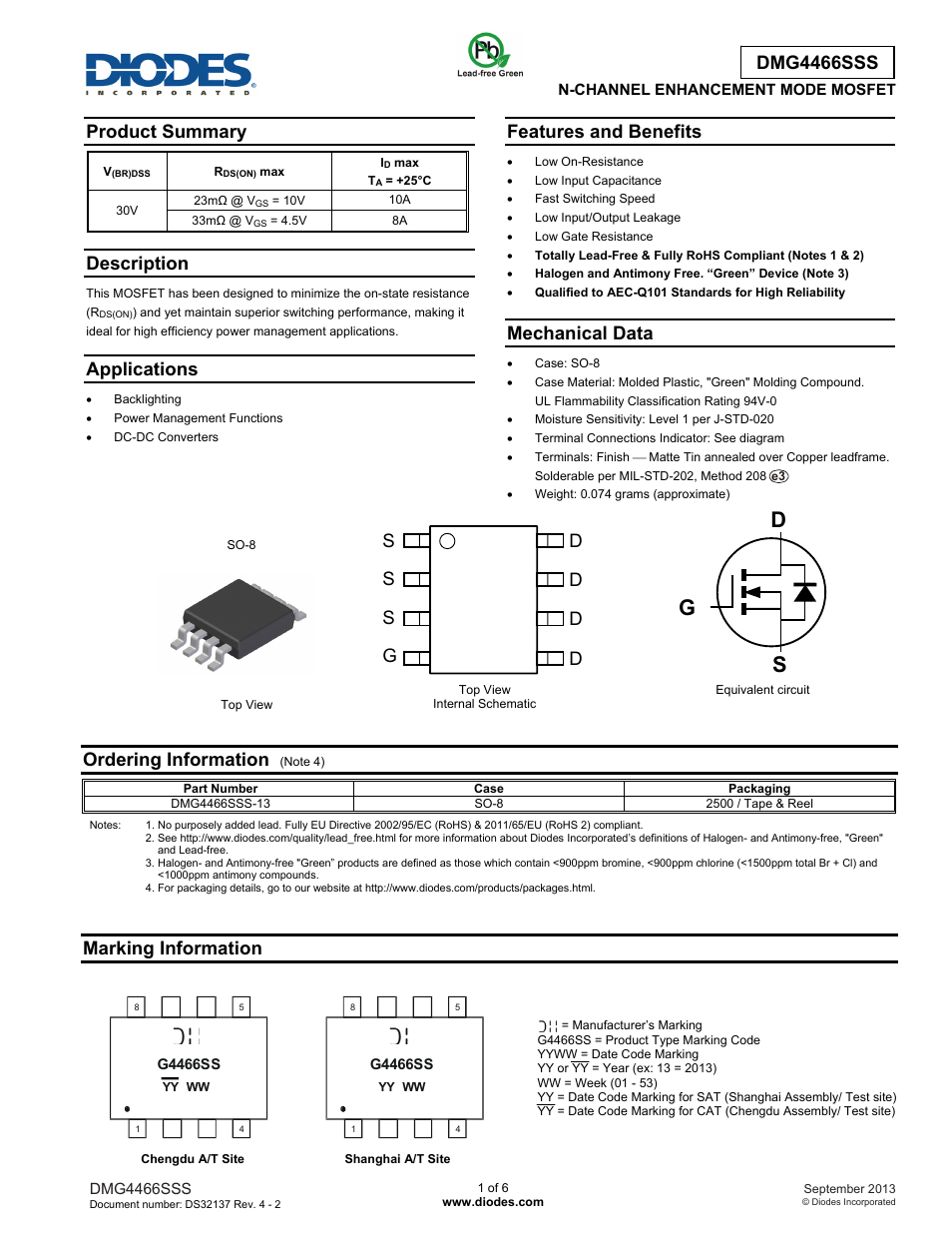 Diodes DMG4466SSS User Manual | 6 pages