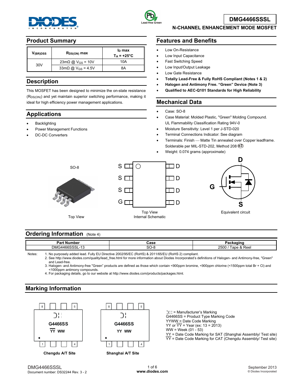 Diodes DMG4466SSSL User Manual | 6 pages