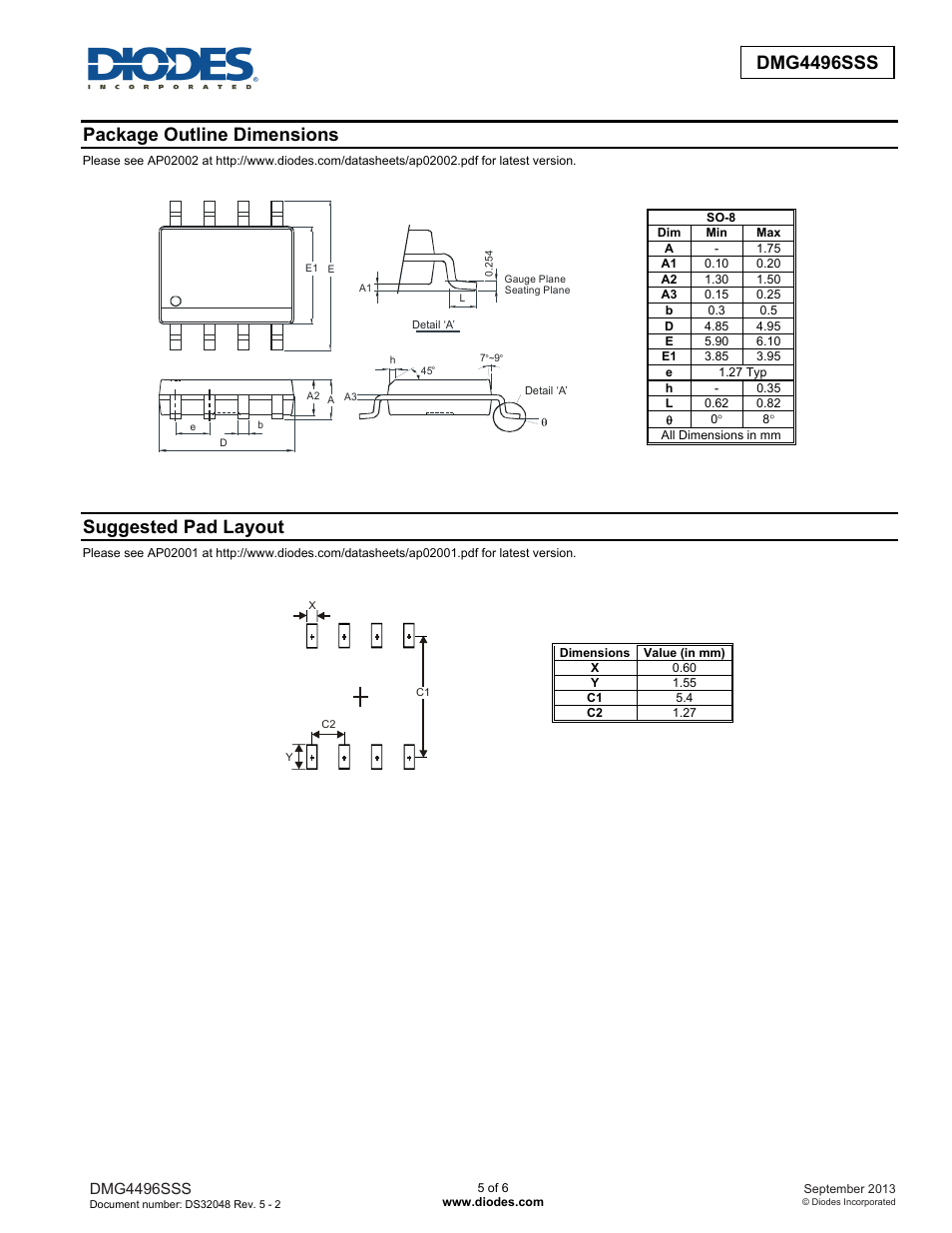 Dmg4496sss new prod uc t, Package outline dimensions, Suggested pad layout | Diodes DMG4496SSS User Manual | Page 5 / 6