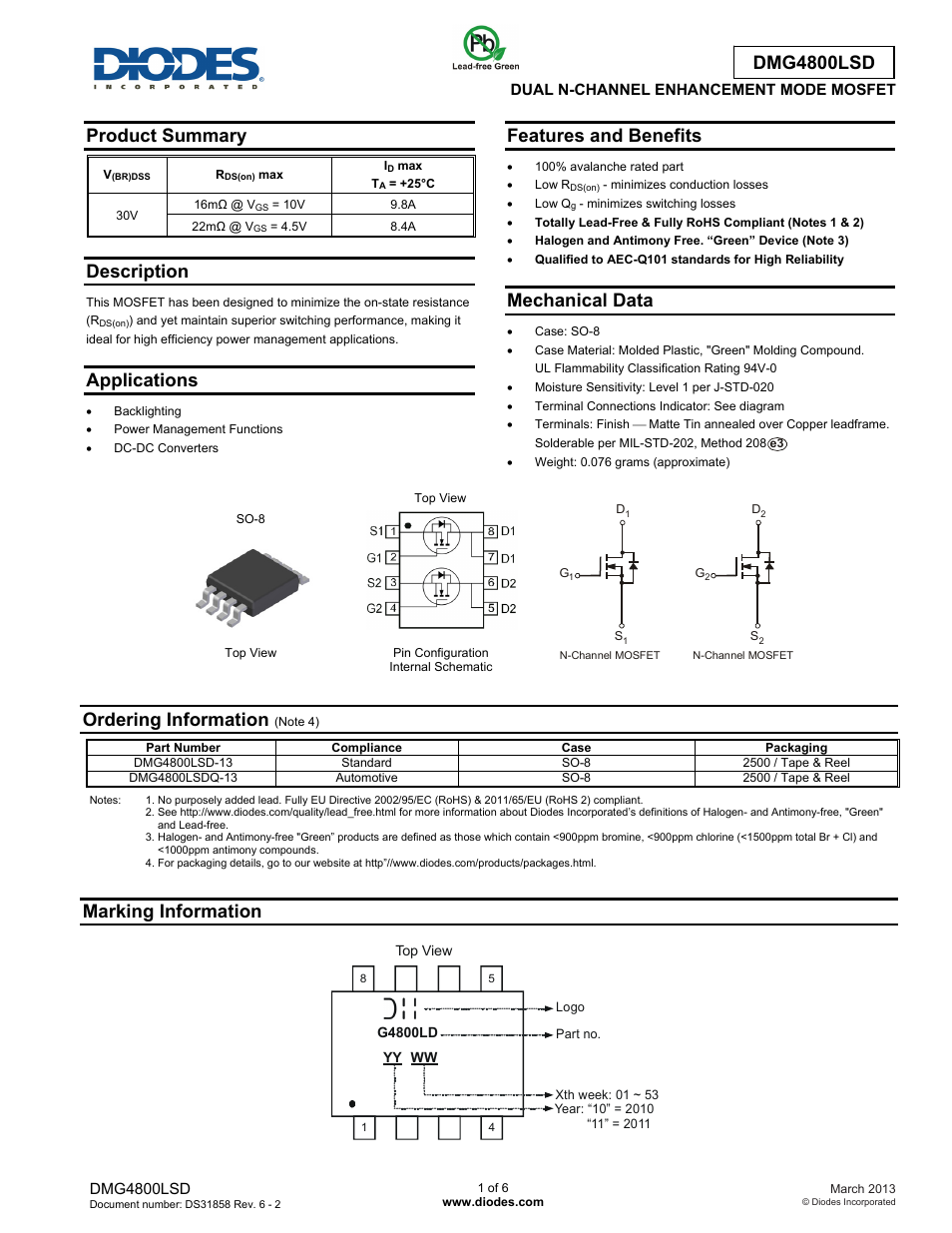 Diodes DMG4800LSD User Manual | 6 pages