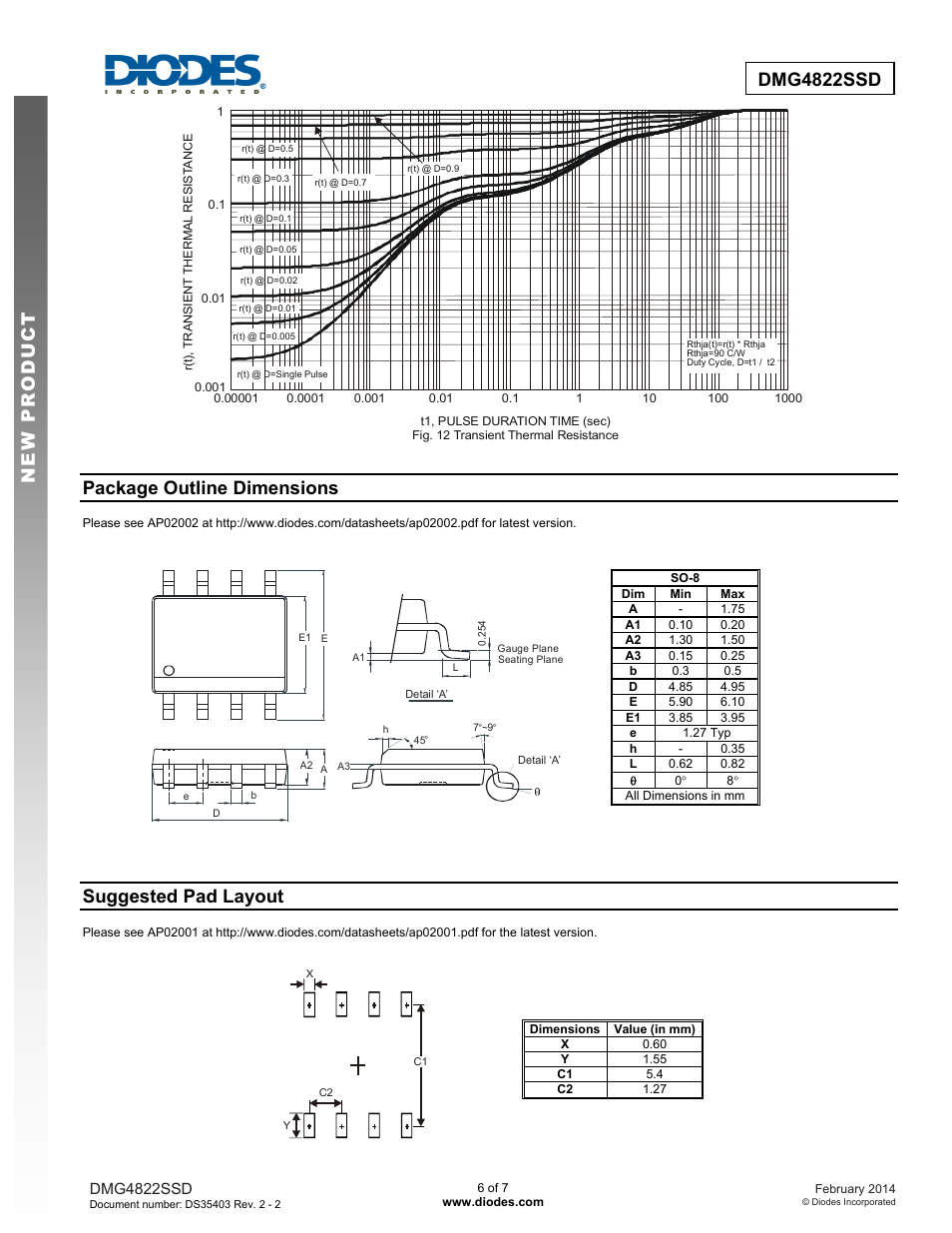 Dmg4822ssd new prod uc t, Package outline dimensions, Suggested pad layout | Diodes DMG4822SSD User Manual | Page 6 / 7